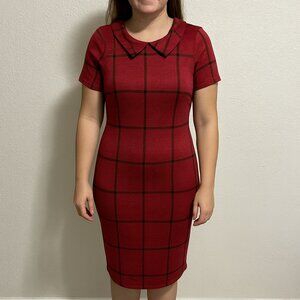 Piphany Women Small Red Black Plaid Peter Pan Collar Short Sleeve Sheath‎ Dress